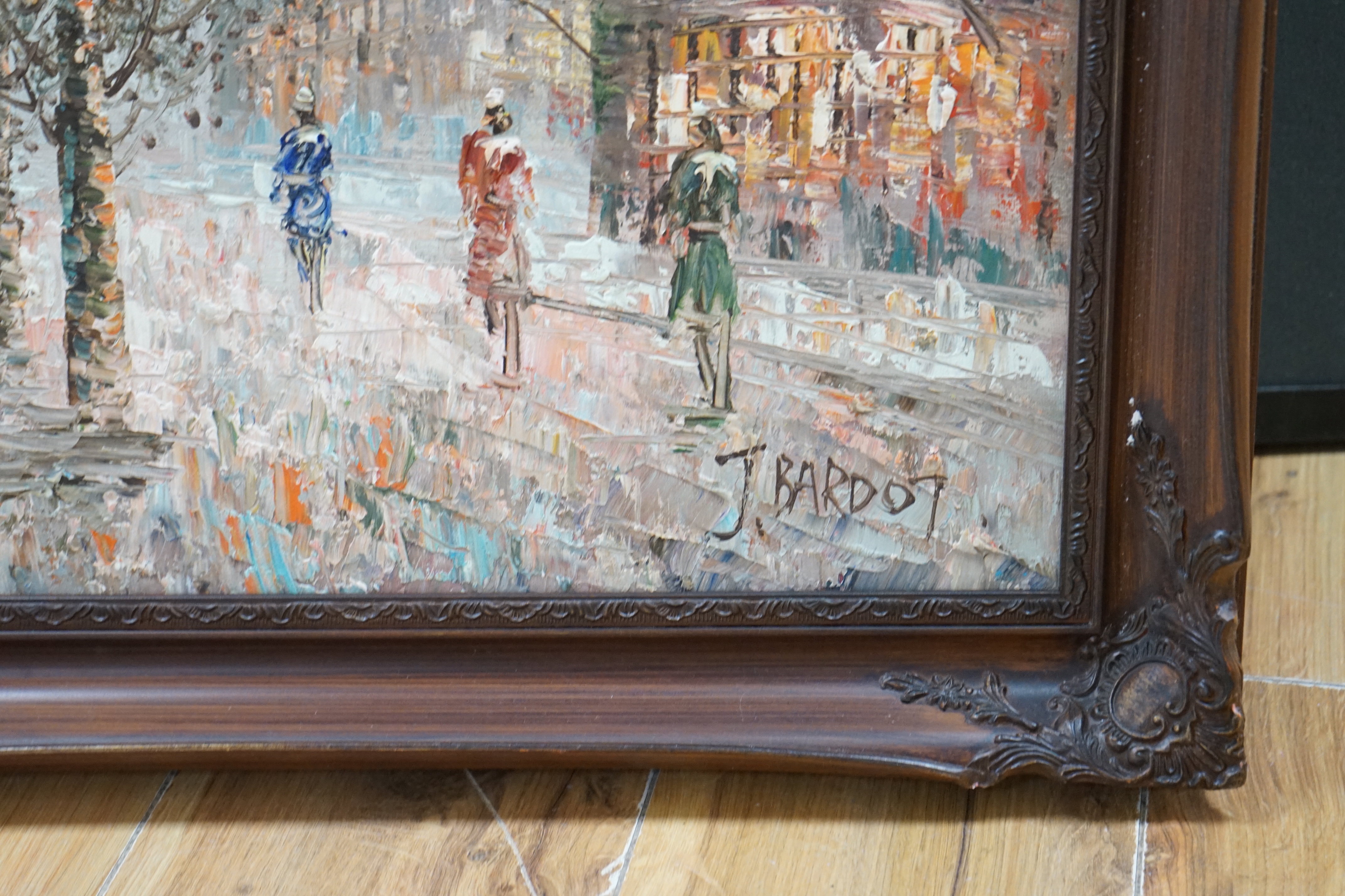 J. Bardot (French, 20th. C), impressionist oil on canvas, Parisian street scene, signed, 90cm x 60cm
